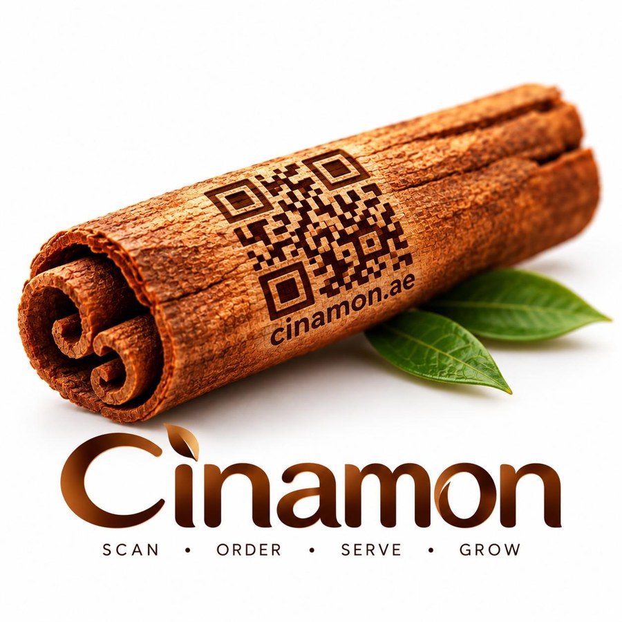 Cinamon logo: a cinnamon stick engraved with a QR code and the words Scan, Order, Serve, Grow